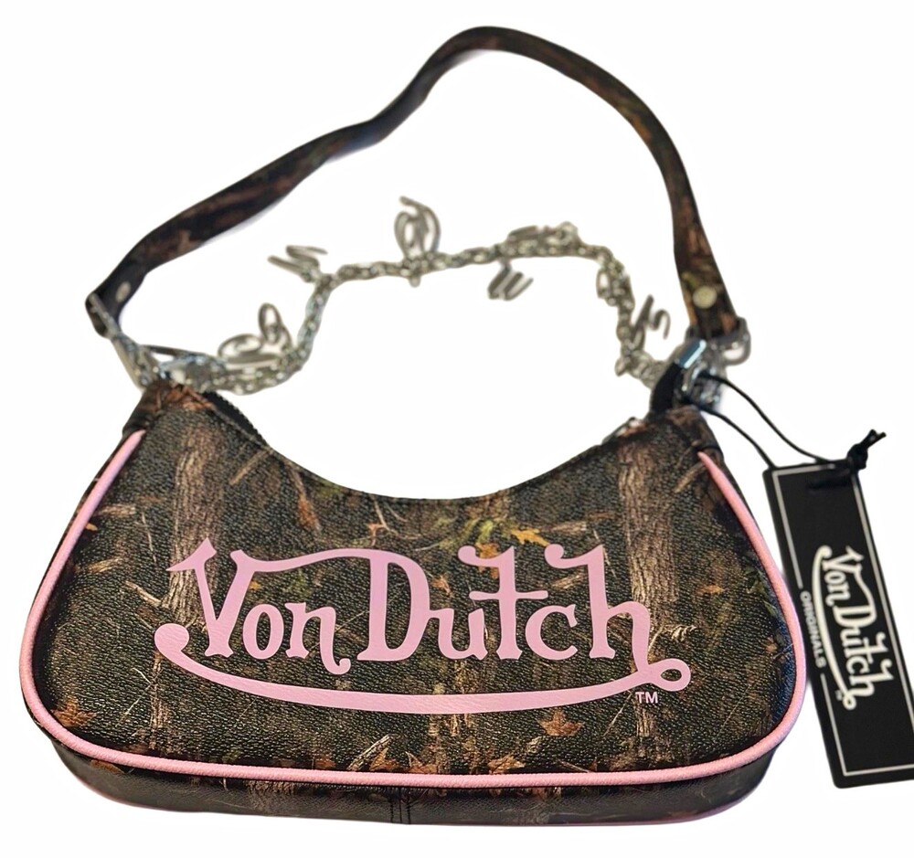Von Dutch Camo Small Crescent Shoulder Bag Chain Accents Zip Lined Charm Silver